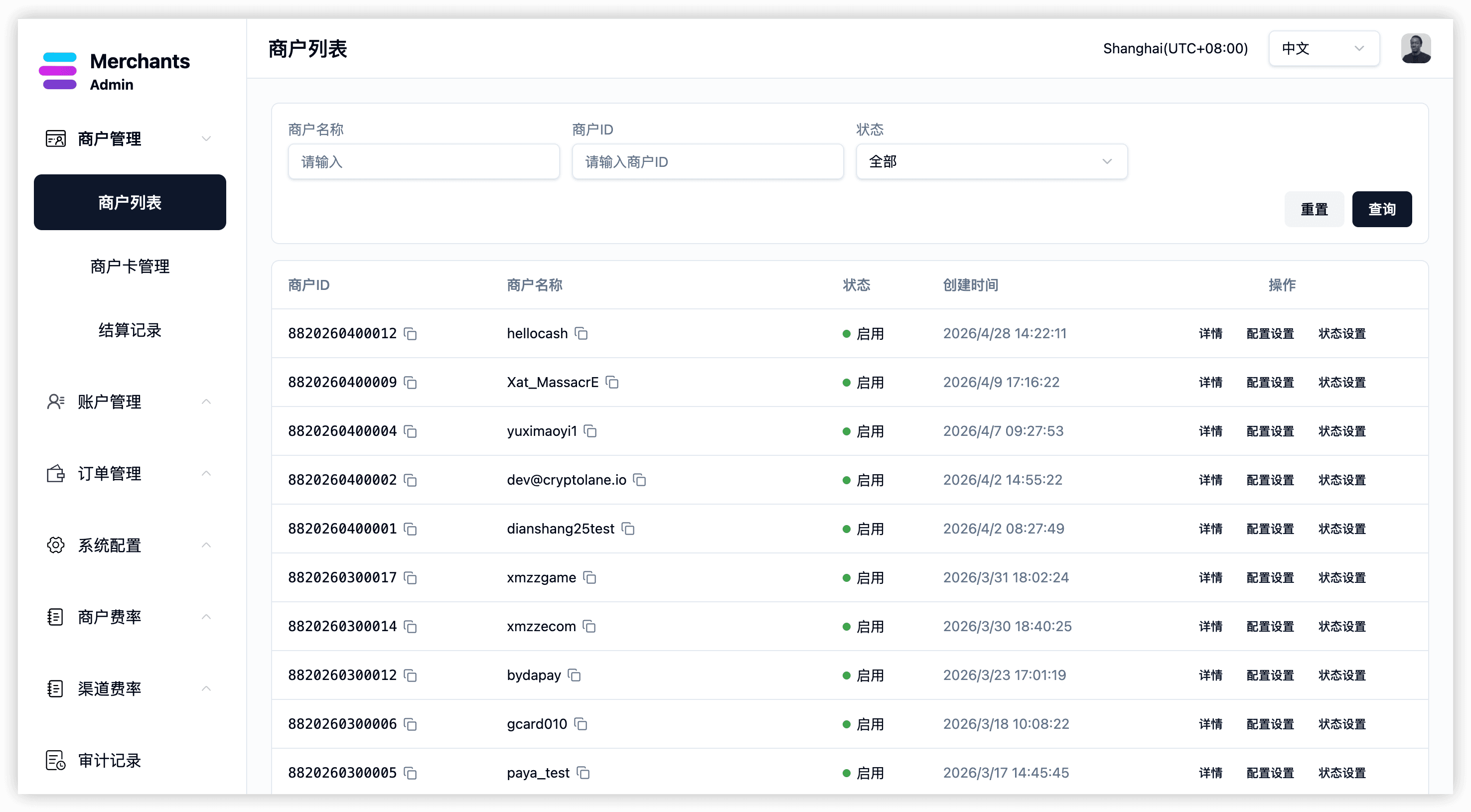 TrustPay admin UI with sidebar navigation, overview metrics, and settlement, risk, and reconciliation views